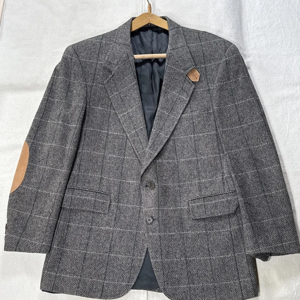 Evan-Picone Vintage Gray Herringbone Wool Blazer Made in USA Men's Sport Coat 42